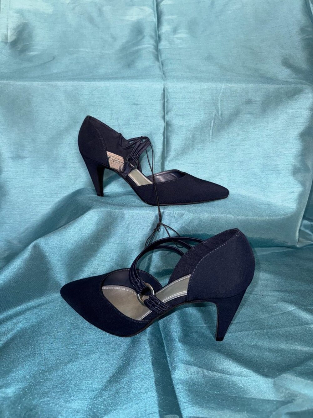 Women's IMPO Vonny Navy elastic strappy pointed pumps/heels with silver accent